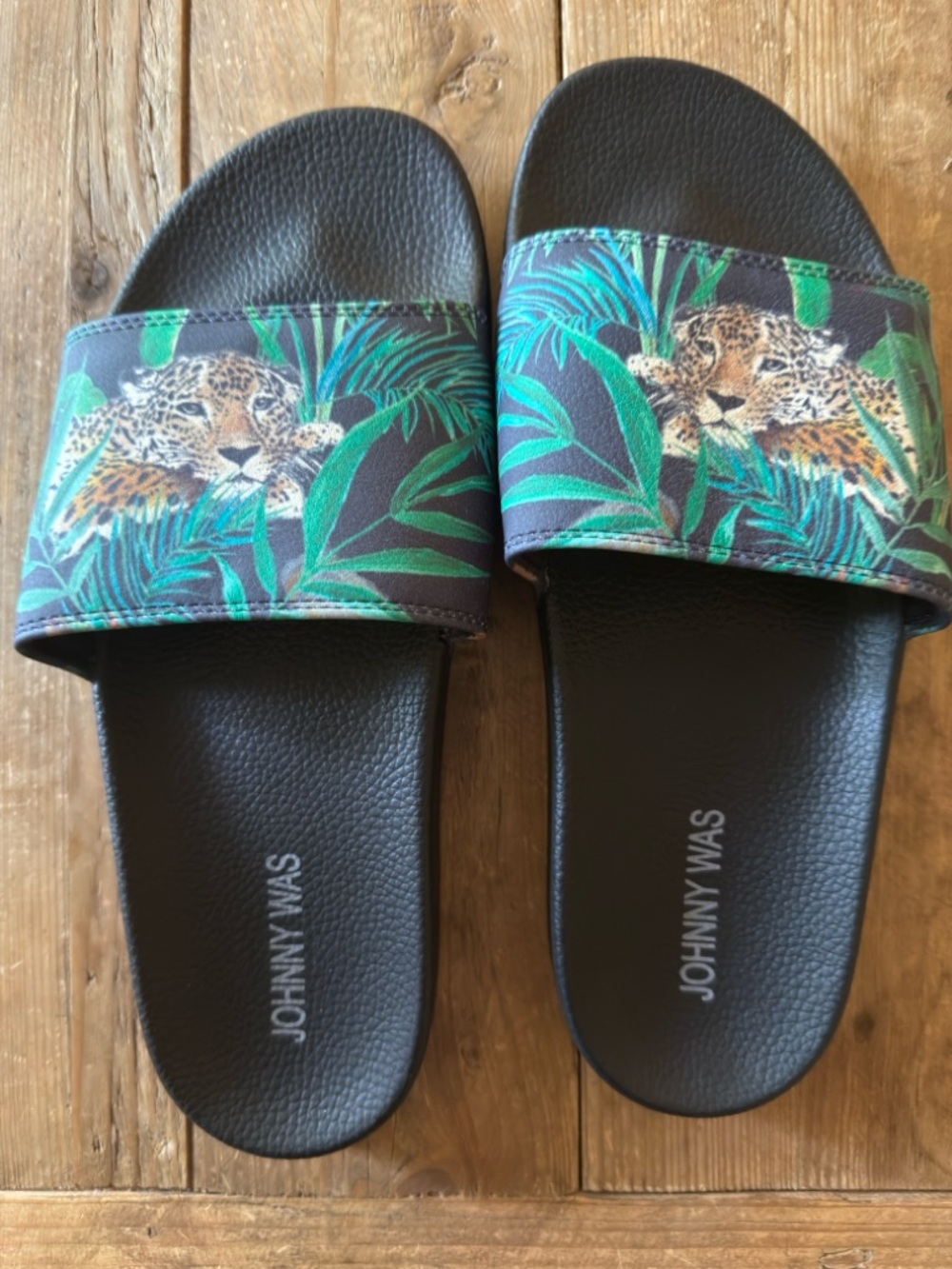Johnny Was Black Slide Sandals with Green Tropical Leopard Print